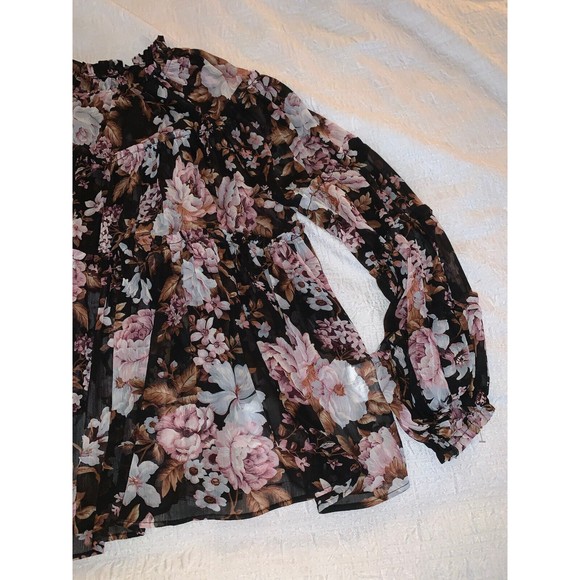 $110 OPT Shirt Blouse Women Med. Chiffon Tier Black Pink Floral Ladies Designer - Picture 2 of 16